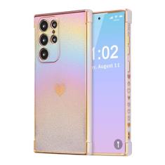 ZTOFERA Capa para Samsung Galaxy S22 Ultra de 6,8 polegadas, linda capa colorida com borda de revestimento iridescente com padrão de corações de amor, proteção de lente de câmera à prova de choque