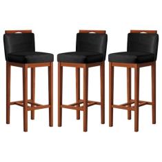 Kit 3 Banquetas Média para Cozinha 38x92 Cm Líbia Madeira Maciça Suede