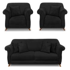 Kit 2 Poltronas e Sofá Living 2 Lugares 1,80m Vênus Suede Pés Castanho