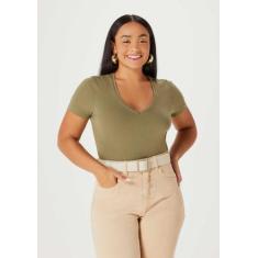 Blusa Básica Feminina Slim Decote V - Hering, XP, Verde militar