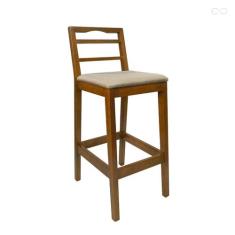 Banqueta de Madeira para Bancada Alta Estofada Grécia Amêndoa Linho Be