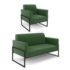 Sofá Namoradeira com Poltrona Base Industrial Alta Preto Marisa Suede 