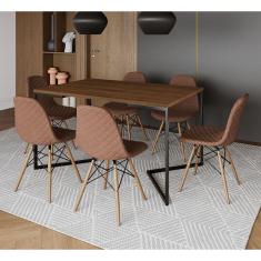 Mesa Industrial Retangular Base V Aço Preto 137x90cm Amêndoa 6 Cadeiras Madeira Estofadas Caramelo