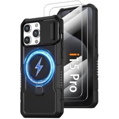 Capa de celular para iPhone 15 Pro, com suporte de anel magnético [2 protetores de tela de vidro] [compatível com MagSafe] Capa de grau militar com capa para câmera, capa à prova de choque para iPhone