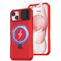 Capa magnética para iPhone 15 Plus/14 Plus, com suporte de anel [2 protetores de tela de vidro] [compatível com MagSafe] Capa de grau militar com capa para câmera, capa à prova de choque para iPhone