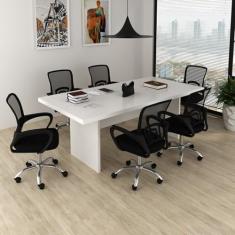 Kit 7 Peças com Uma Mesa de Reunião e 6 Cadeiras de Escritório Tela Mesh Espresso Móveis Branco/Preto