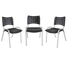 Kit 3 Cadeiras Iso Para Escola Escritório Comércio Preto Base Branca