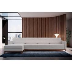 Sofá 4 Lugares Living com Chaise Pés e Base em Madeira Linho Cotton Cru