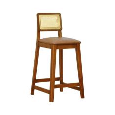 Banqueta Gabi Madeira Maciça Encosto Telinha C- 68cm Altura - Amêndoa Assento Estofado Corano Marrom Mescla