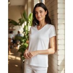 Camiseta Feminina Decote V 100% Algodão P Ao Xgg Malwee, GG, Branco