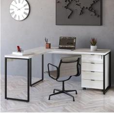 Mesa de Escritório em L Estilo Industrial 150x150cm com Gaveteiro Volante 4 Gavetas Snow