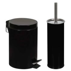 Kit lixeira 3l com pedal e escova vaso sanitário preta mor, Preto
