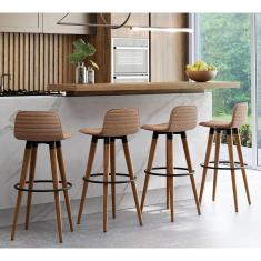 Kit 4 Banquetas Altas Luxo Versatil Aço Preto Linho Terracota Base Carvalho