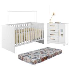 Quarto de Bebê com Berço com Colchão Suporte Life 100% Mdf e Cômoda 4 Gavetas 1 Porta Fly 100% Mdf Branco