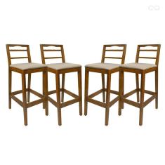 Kit 4 Banquetas para Balcão Estofada Alta Grécia de Madeira Amêndoa Linho Bege CCS