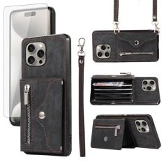 Asuwish Capa de celular para iPhone 15 Pro 6,1 polegadas e protetor de tela de vidro temperado com alça transversal de pulso suporte para cartão iPhone15Pro 5G i i-Phone i15 iPhone15 15Pro feminino