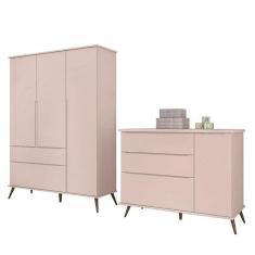 Jogo de Quarto Infantil Retrô Alice Guarda Roupa e Cômoda com Porta - PR Baby