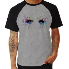 Camiseta Raglan Olhos Cores Pintura - Foca Na Moda