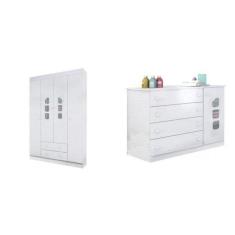 Guarda Roupas 4 Portas 2 Gavetas e Cômoda 4 Gavetas 1 Porta Lívia Phoenix Baby Branco