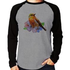Camiseta Raglan Pássaro e Flores Manga Longa - Foca na Moda, Cinza, Pr