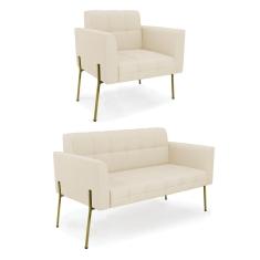 Sofá Namoradeira E Poltrona Base Pé De Ferro Dourado Elisa Linho Bege A19 D03 - D'rossi