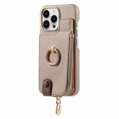 Carteira de couro com zíper com porta-cartão capa de telefone para iPhone 13 12 Mini 15 14 11 Pro Max XS XR X 7 8 Plus Capa com suporte de anel, cáqui, para iPhone 14 Plus