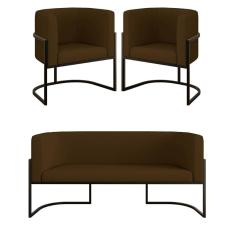 Kit 2 Cadeiras Poltronas + Sofá 2 Lugares Base Preta Corino Marrom
