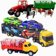 Caminhão Carreta Cegonheira Cegonha + 2 Carrinhos Brinquedo Infantil M