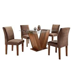 Conjunto Sala de Jantar Mesa Tampo de Vidro e 4 Cadeiras Classic Cel Móveis Chocolate/Animale Marrom 52