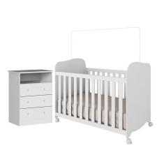 Quarto De Bebê Com Cômoda 3 Gavetas E Berço Americano 100% Mdf Teka Espresso Móveis Branco Brilho