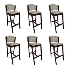 Kit 6 Banquetas Alta De Madeira Maciça Castanho Premium Ana Com Encosto Linho Bege - Cor: Bege