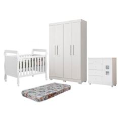 Quarto de Bebê Berço Mini Cama com Colchão, Cômoda 1 Porta 4 Gavetas e Roupeiro 4 Portas 3 Gavetas Branco