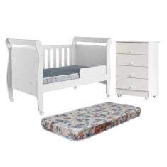 Quarto de Bebê com Berço Mini Cama com Colchão Slim e Cômoda de Bebê 100% Mdf 4 Gavetas Soft Life Branco