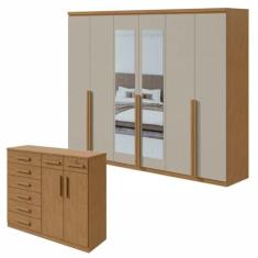 Conjunto de Guarda-roupa Alonzo com espelho e Cômoda Toronto Amêndoa Clean/off White