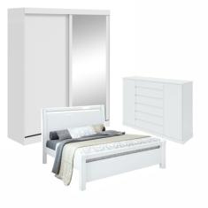 Quarto com Guarda-roupa Casal 2 Portas 2 Gavetas, Cômoda 2 Portas 7 Gavetas e Branco