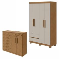 Conjunto de Guarda-roupa 4 Portas 2 Gavetas Zeus com Pése Cômoda 8 Gavetas 2 Portas Toronto Amêndoa Clean/off White