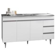 Balcão Gabinete Com Pia Inox 150Cm 3 Portas Andréia Branco