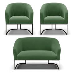 Sofá Namoradeira E 2 Poltronas Base Industrial Preto Stella Suede Verde D03 - D`rossi