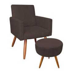 Kit Poltrona e Puff Banqueta Redonda Nina Suede Pés Palito Castanho - 