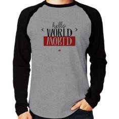 Camiseta Raglan Hello World Manga Longa - Foca na Moda, Cinza, Preto, 