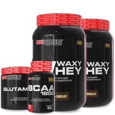 Kit 2x Whey Protein Waxy Whey Chocolate 2kg + Glutamina 300g + BCAA 1800 120 Cápsulas - Bodybuilders