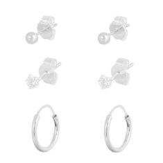 Kit Conjunto Trio Brinco Feminino Argola Bola E Zircônia De Prata 925 