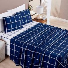 Jogo De Lençol Minimalista Queen 4 Peças Percal 200 Fios Quadriculado-Azul Marinho - 100% Poliéster
