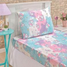 Jogo De Cama Lençol Fantasy Solteiro 02 Peças 100% Algodão Infantil Desenho - Unicórnio Rosa
