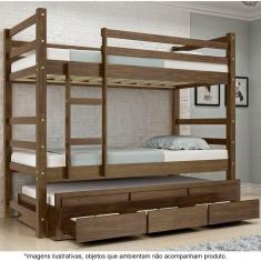 Treliche Solteiro com 3 Gavetas em Madeira Maciça e Escada Ágata Castanho - Straub Web