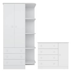 Quarto de Bebê Doce Sonho com Roupeiro 825 e Cômoda Sapateira 2561 Qmovi Branco