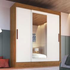 Guarda-Roupa Solteiro Marselha 3 Portas 2 Gavetas com Espelho Off White/Nogueira - Doripel Móveis