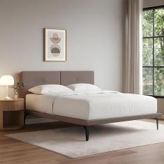 Base Box Cama Japonesa Toquio King Com Cabeceira Almofada Linho Marrom