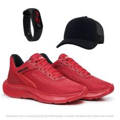Tenis Masculino Para Caminhada Academia Vermelho Com Relógio e Boné