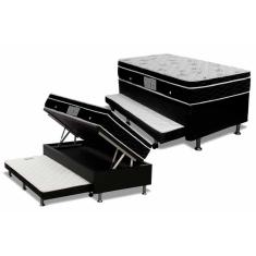 Cama Box Baú c/Auxiliar Solteiro: Colchão Molas Ortobom Nanolastic Physical + Base CRC Courano Black(88x188)